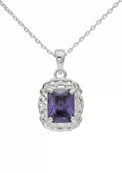 Lab Grown Silver Tone Amethyst Rectangle Crystal Pendant with Woven Halo Necklace