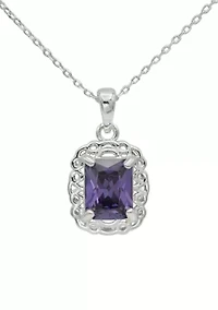 Lab Grown Silver Tone Amethyst Rectangle Crystal Pendant with Woven Halo Necklace