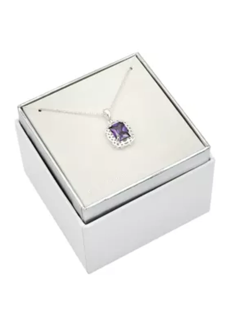 Lab Grown Silver Tone Amethyst Rectangle Crystal Pendant with Woven Halo Necklace