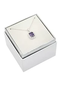 Lab Grown Silver Tone Amethyst Rectangle Crystal Pendant with Woven Halo Necklace
