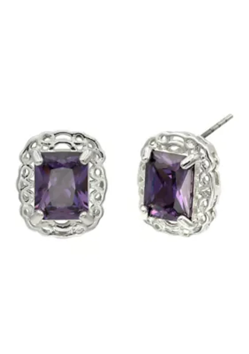 Lab Grown Silver Tone Amethyst Rectangle Crystal with Woven Halo Earrings