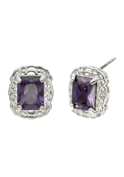 Lab Grown Silver Tone Amethyst Rectangle Crystal with Woven Halo Earrings