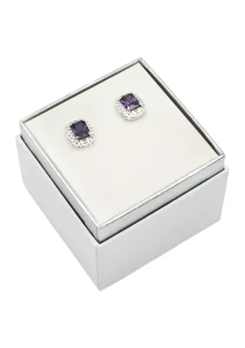 Lab Grown Silver Tone Amethyst Rectangle Crystal with Woven Halo Earrings