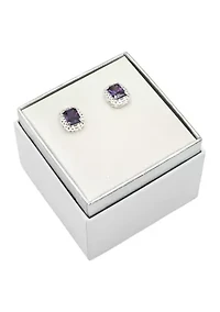 Lab Grown Silver Tone Amethyst Rectangle Crystal with Woven Halo Earrings