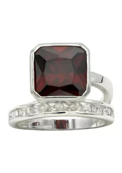 Lab Grown Silver Tone Square Siam Crystal with CZ Channel Band Ring