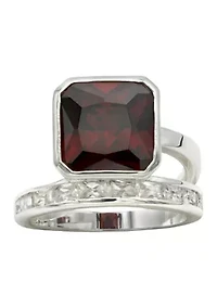 Lab Grown Silver Tone Square Siam Crystal with CZ Channel Band Ring