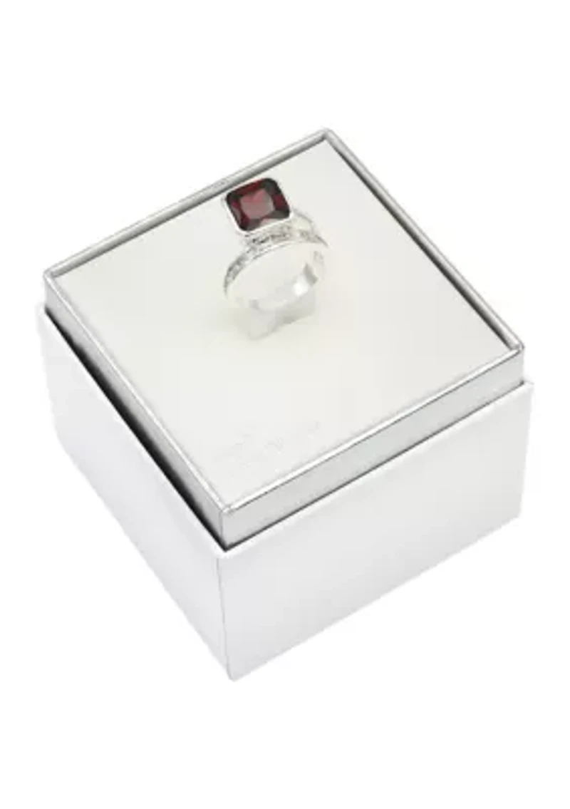 Lab Grown Silver Tone Square Siam Crystal with CZ Channel Band Ring