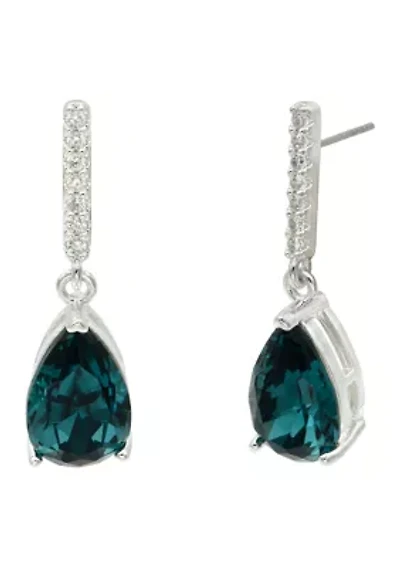 Lab Grown Silver Tone Denim Crystal Teardrop with Pave CZ Drop Earrings