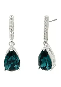 Lab Grown Silver Tone Denim Crystal Teardrop with Pave CZ Drop Earrings