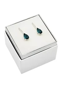 Lab Grown Silver Tone Denim Crystal Teardrop with Pave CZ Drop Earrings