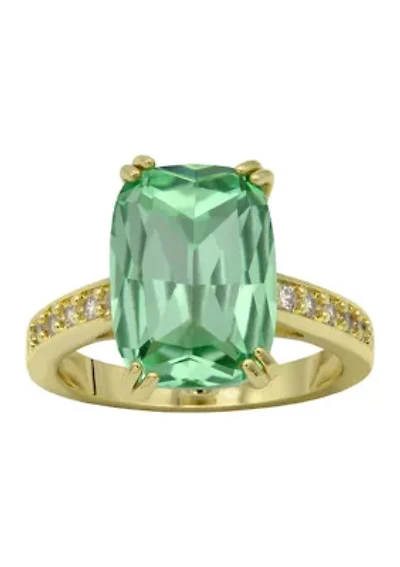 Lab Grown Gold Tone Green Erinite Elongated Cushion Ring with Pavé CZ Band