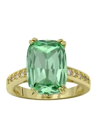 Lab Grown Gold Tone Green Erinite Elongated Cushion Ring with Pavé CZ Band