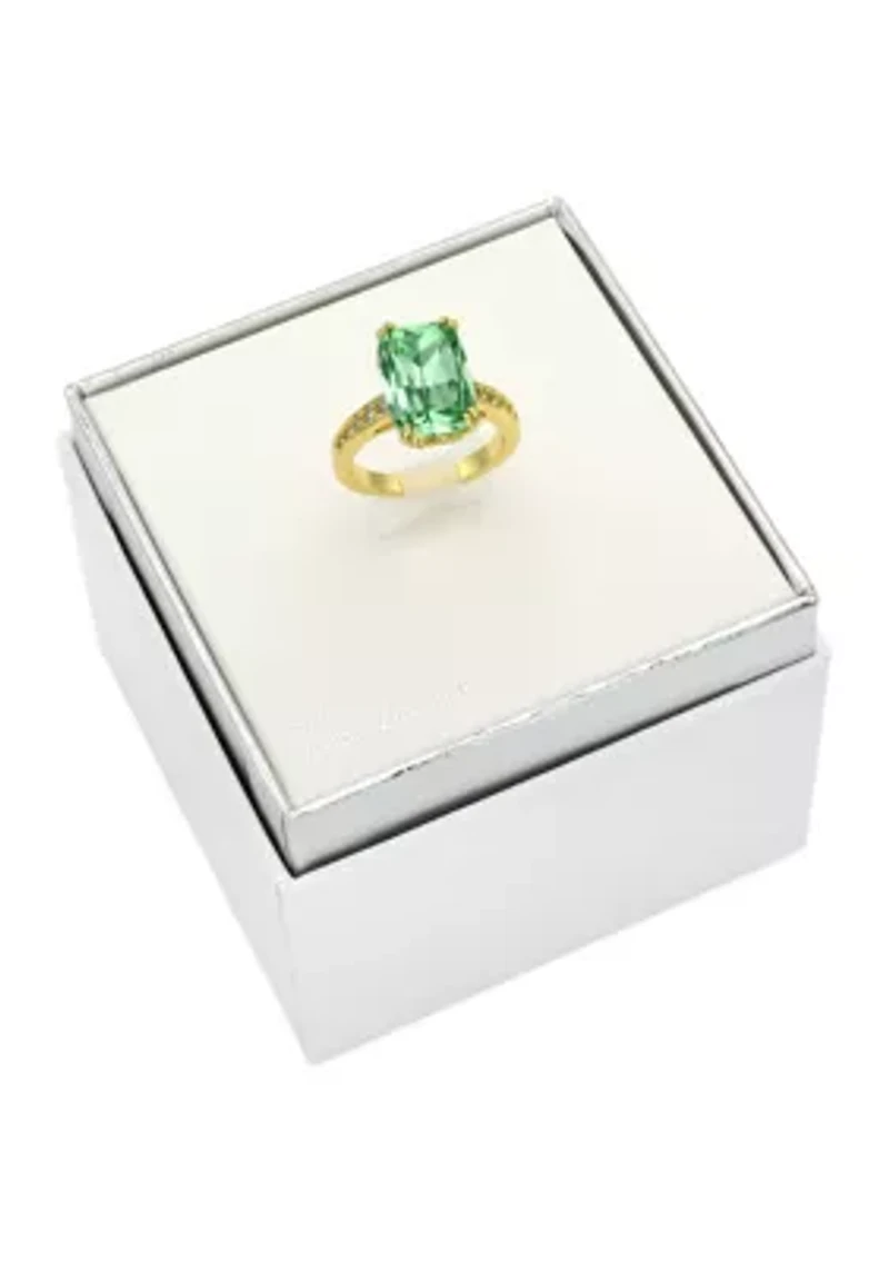 Lab Grown Gold Tone Green Erinite Elongated Cushion Ring with Pavé CZ Band