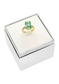Lab Grown Gold Tone Green Erinite Elongated Cushion Ring with Pavé CZ Band