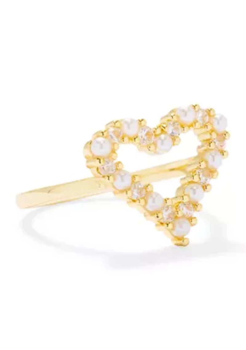 Lab Grown Pearl Open Heart Cubic Zirconia Ring