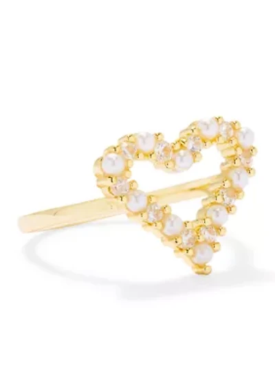 Lab Grown Pearl Open Heart Cubic Zirconia Ring