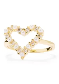 Lab Grown Pearl Open Heart Cubic Zirconia Ring
