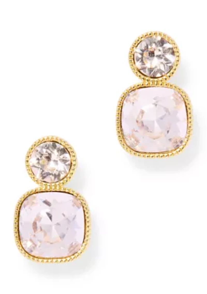 Lab Grown Gold Tone Rose Crystal Cushion and Round Drop Earrings