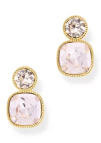 Lab Grown Gold Tone Rose Crystal Cushion and Round Drop Earrings