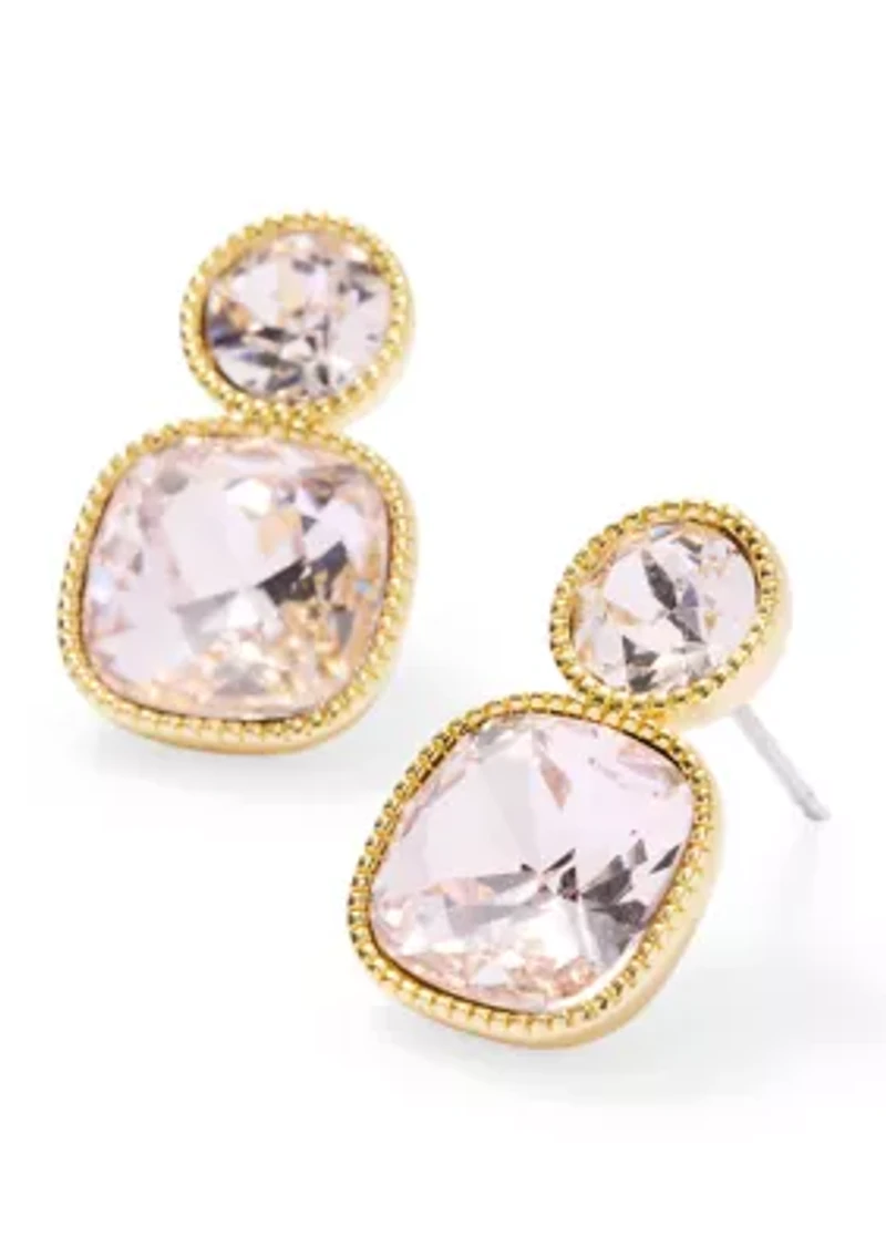 Lab Grown Gold Tone Rose Crystal Cushion and Round Drop Earrings