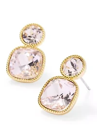 Lab Grown Gold Tone Rose Crystal Cushion and Round Drop Earrings