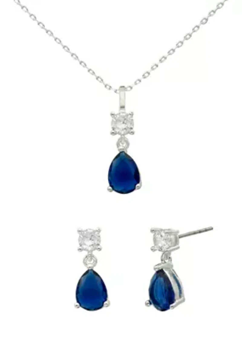 Lab Grown Silver Tone Montana Blue Pear and Clear Cubic Zirconia Pendant and Earring Set