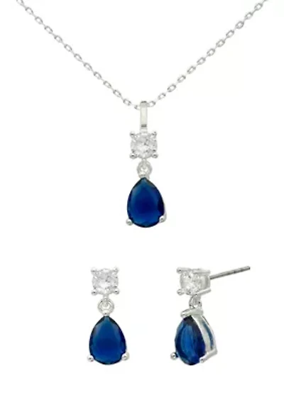 Lab Grown Silver Tone Montana Blue Pear and Clear Cubic Zirconia Pendant and Earring Set
