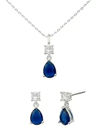 Lab Grown Silver Tone Montana Blue Pear and Clear Cubic Zirconia Pendant and Earring Set