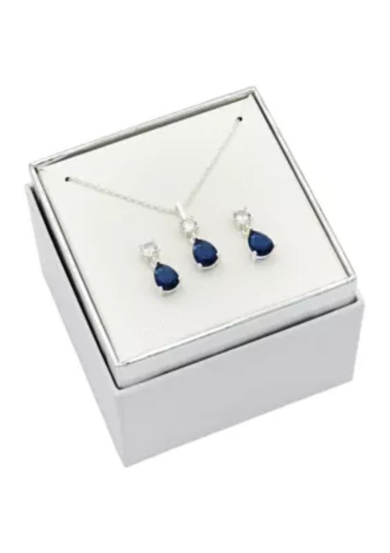 Lab Grown Silver Tone Montana Blue Pear and Clear Cubic Zirconia Pendant and Earring Set