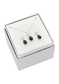 Lab Grown Silver Tone Montana Blue Pear and Clear Cubic Zirconia Pendant and Earring Set