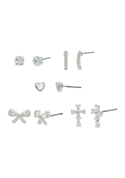 Lab Grown Silver Tone Clear Cubic Zirconia Multi-Stud Earrings Set