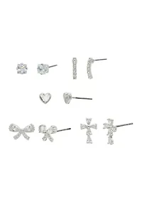 Lab Grown Silver Tone Clear Cubic Zirconia Multi-Stud Earrings Set