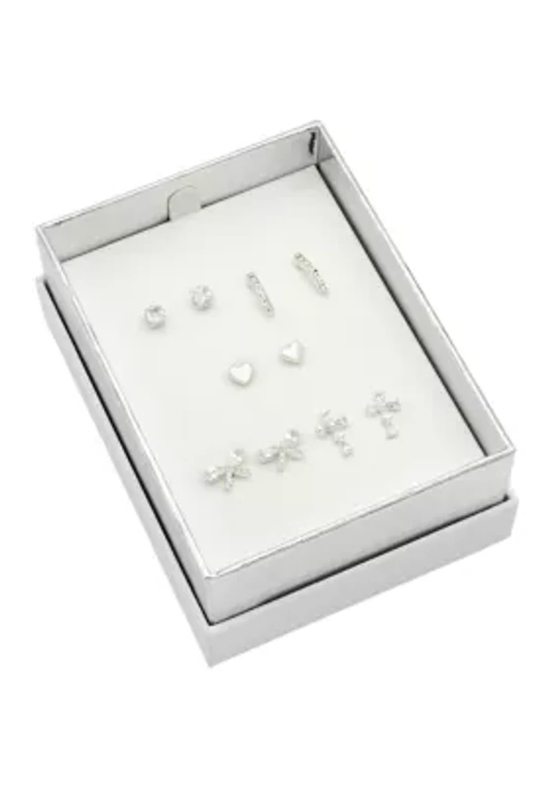 Lab Grown Silver Tone Clear Cubic Zirconia Multi-Stud Earrings Set