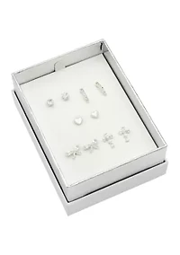 Lab Grown Silver Tone Clear Cubic Zirconia Multi-Stud Earrings Set