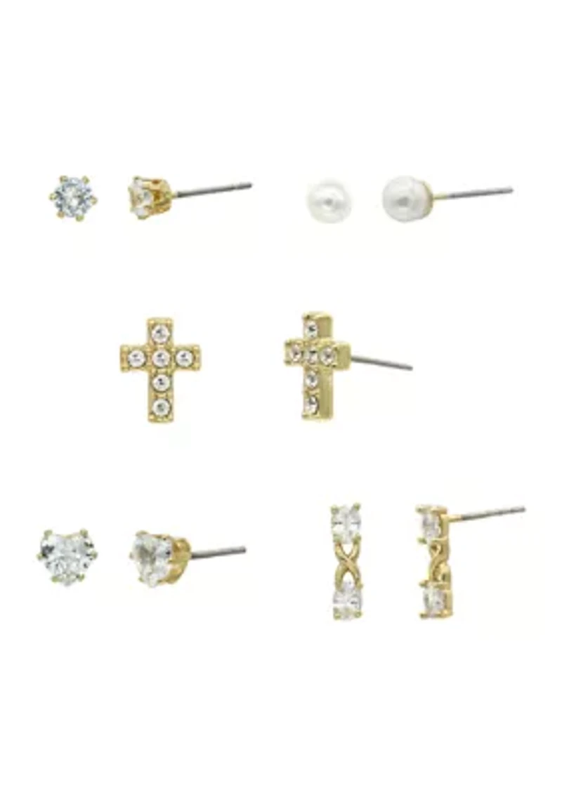 Lab Grown Gold Tone Clear Cubic Zirconia Pearl Multi Stud Earring Set