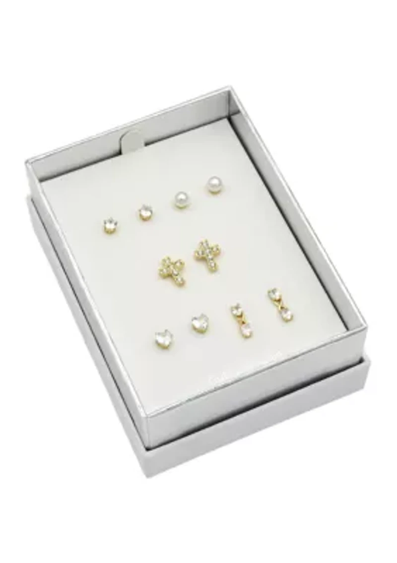 Lab Grown Gold Tone Clear Cubic Zirconia Pearl Multi Stud Earring Set