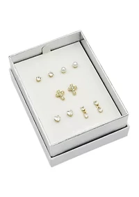 Lab Grown Gold Tone Clear Cubic Zirconia Pearl Multi Stud Earring Set