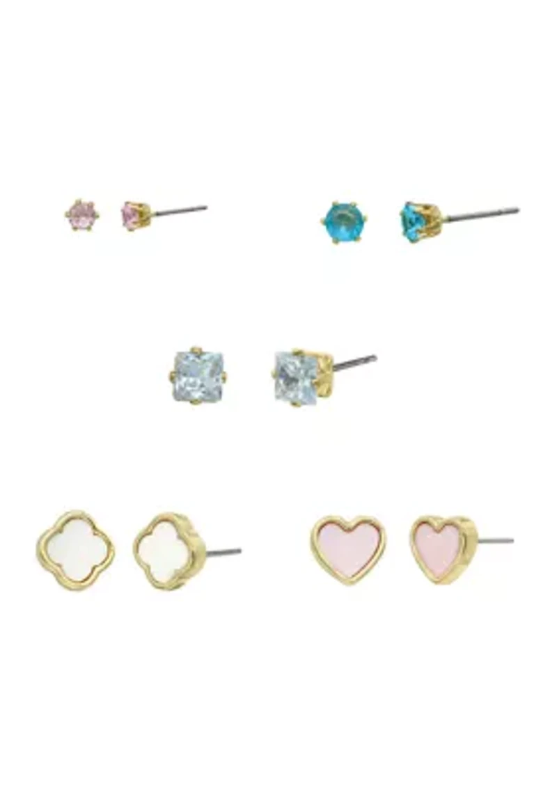 Lab Grown Gold Tone Multicolor Cubic Zirconia and Enamel Multi Stud Earring Set
