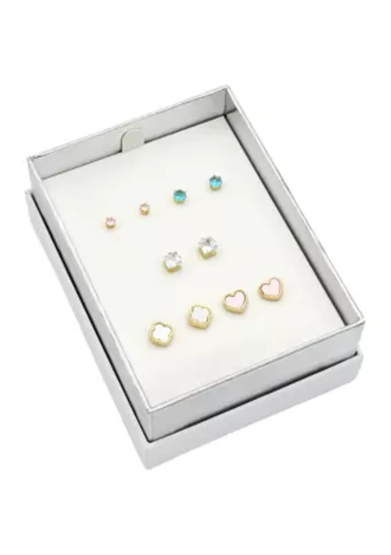 Lab Grown Gold Tone Multicolor Cubic Zirconia and Enamel Multi Stud Earring Set