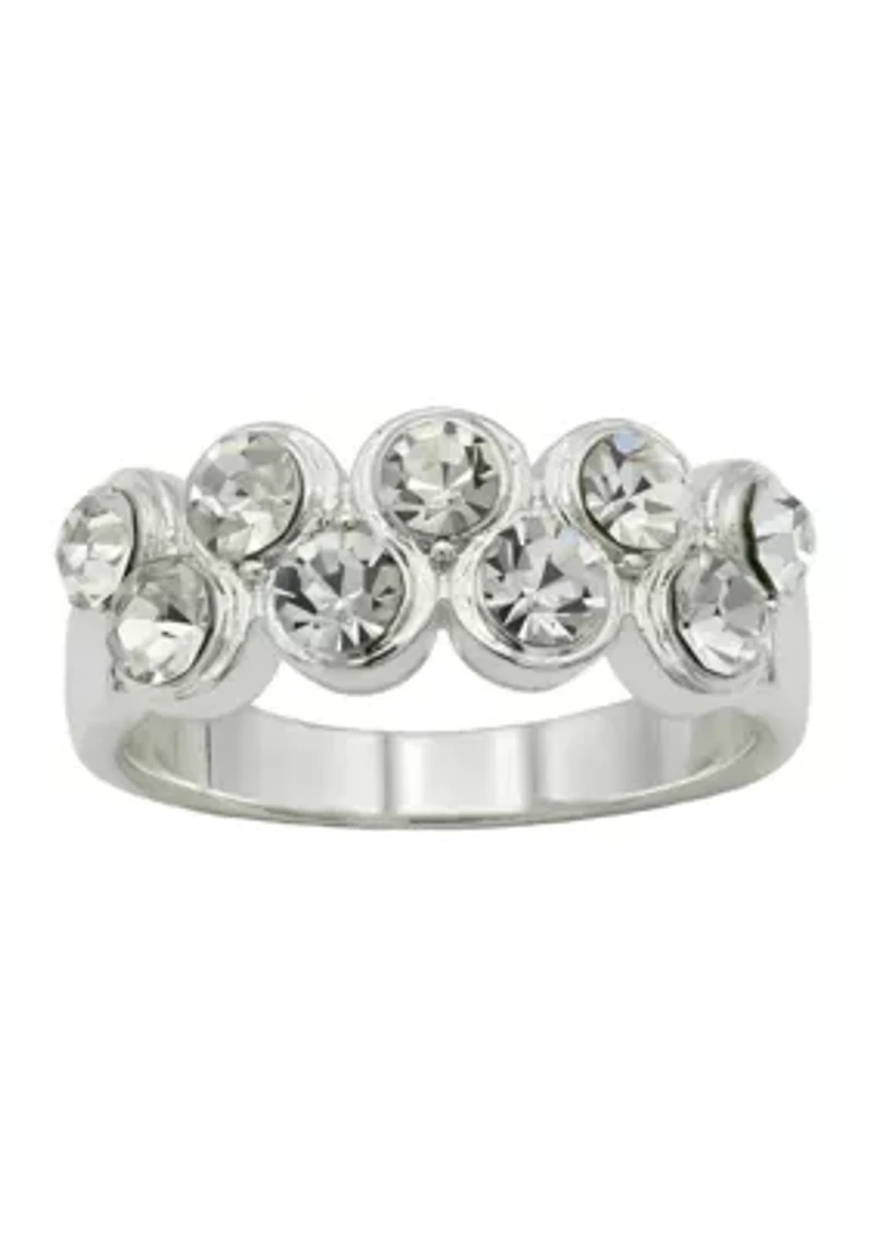 Lab Grown Silver Tone Round Bezel Set Crystal Double Row Band Ring