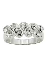 Lab Grown Silver Tone Round Bezel Set Crystal Double Row Band Ring
