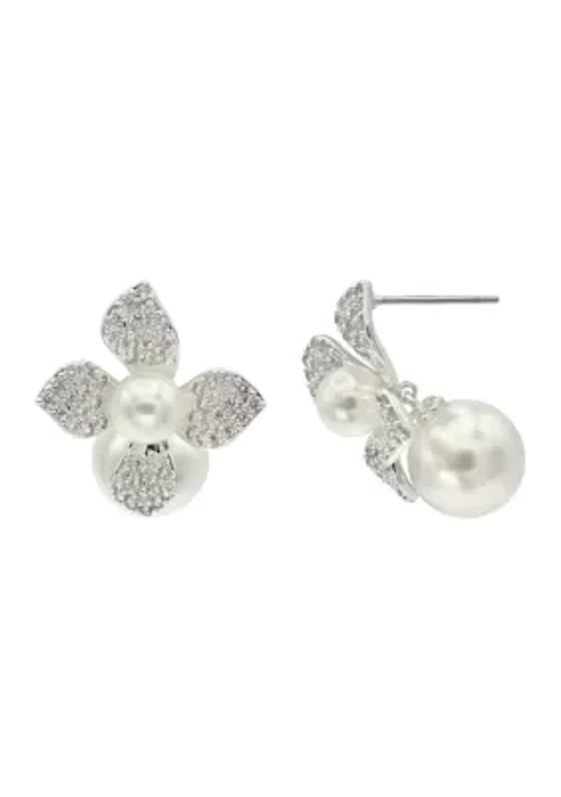 CZ Flower Double Pearl Drop Earrings