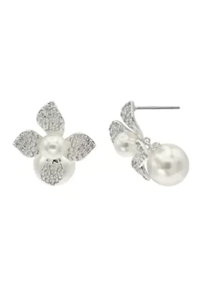 CZ Flower Double Pearl Drop Earrings