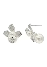 CZ Flower Double Pearl Drop Earrings