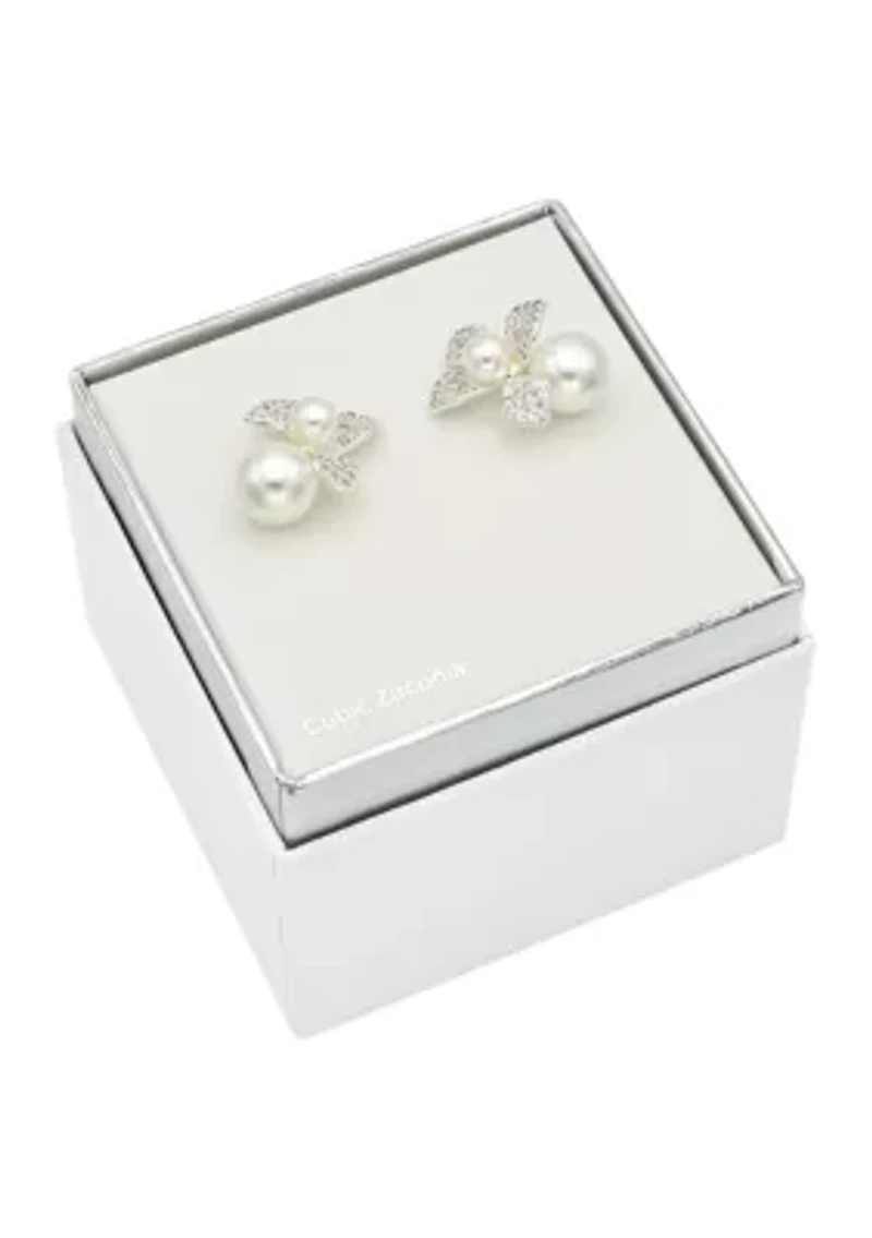 CZ Flower Double Pearl Drop Earrings