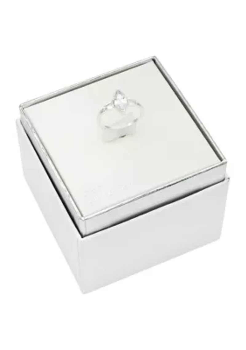 Lab Grown Silver Tone Clear CZ Marquise Stone with Baguettes Ring