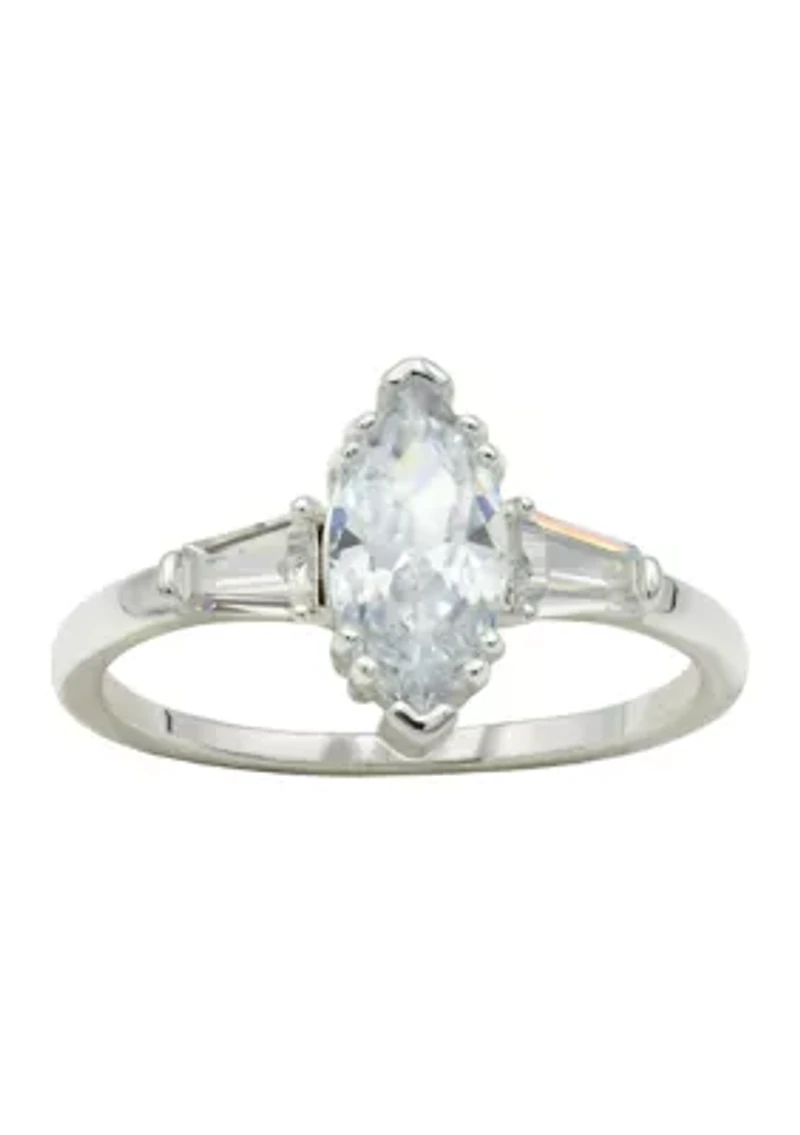 Lab Grown Silver Tone Clear CZ Marquise Stone with Baguettes Ring