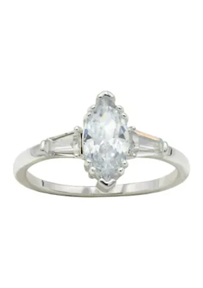 Lab Grown Silver Tone Clear CZ Marquise Stone with Baguettes Ring
