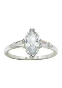 Lab Grown Silver Tone Clear CZ Marquise Stone with Baguettes Ring