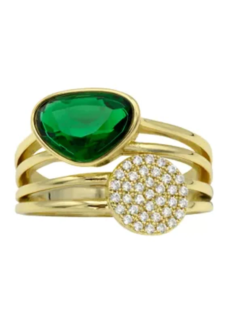 Lab Grown Multi-Row Green Crystal and Pavé CZ Disc Ring